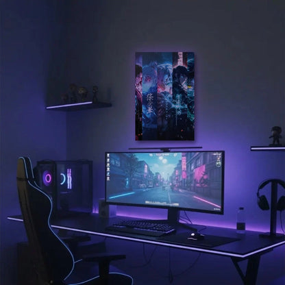 Anime Art acrylic wall art in a purple gaming setup