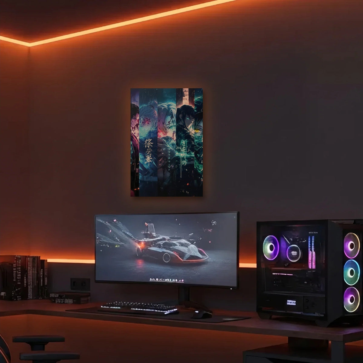 Anime Art acrylic wall art in an orange LED gaming room