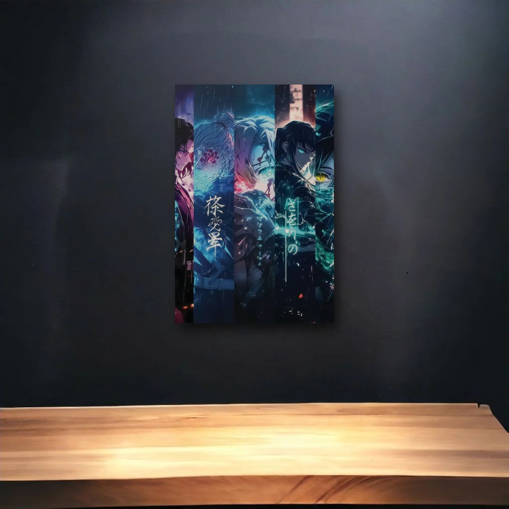 Anime Art glossy acrylic art above a wooden shelf