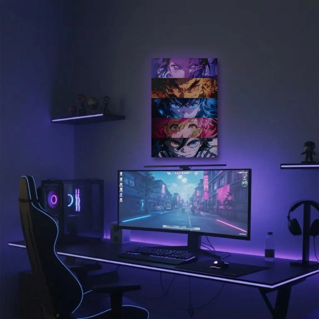 Anime Art acrylic wall art in a purple gaming setup