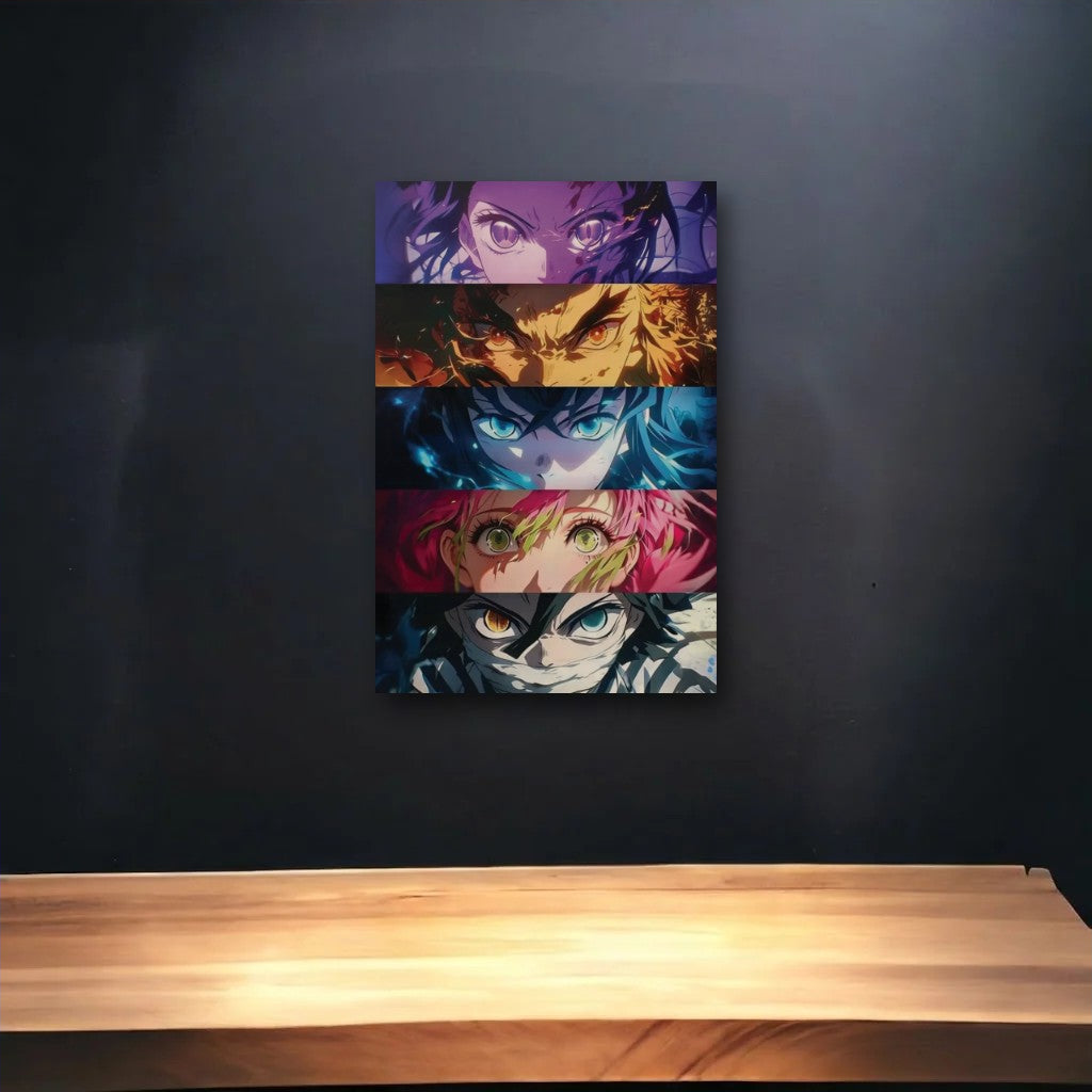 Anime Art glossy acrylic art above a wooden shelf