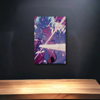 Anime Art glossy acrylic art above a wooden shelf