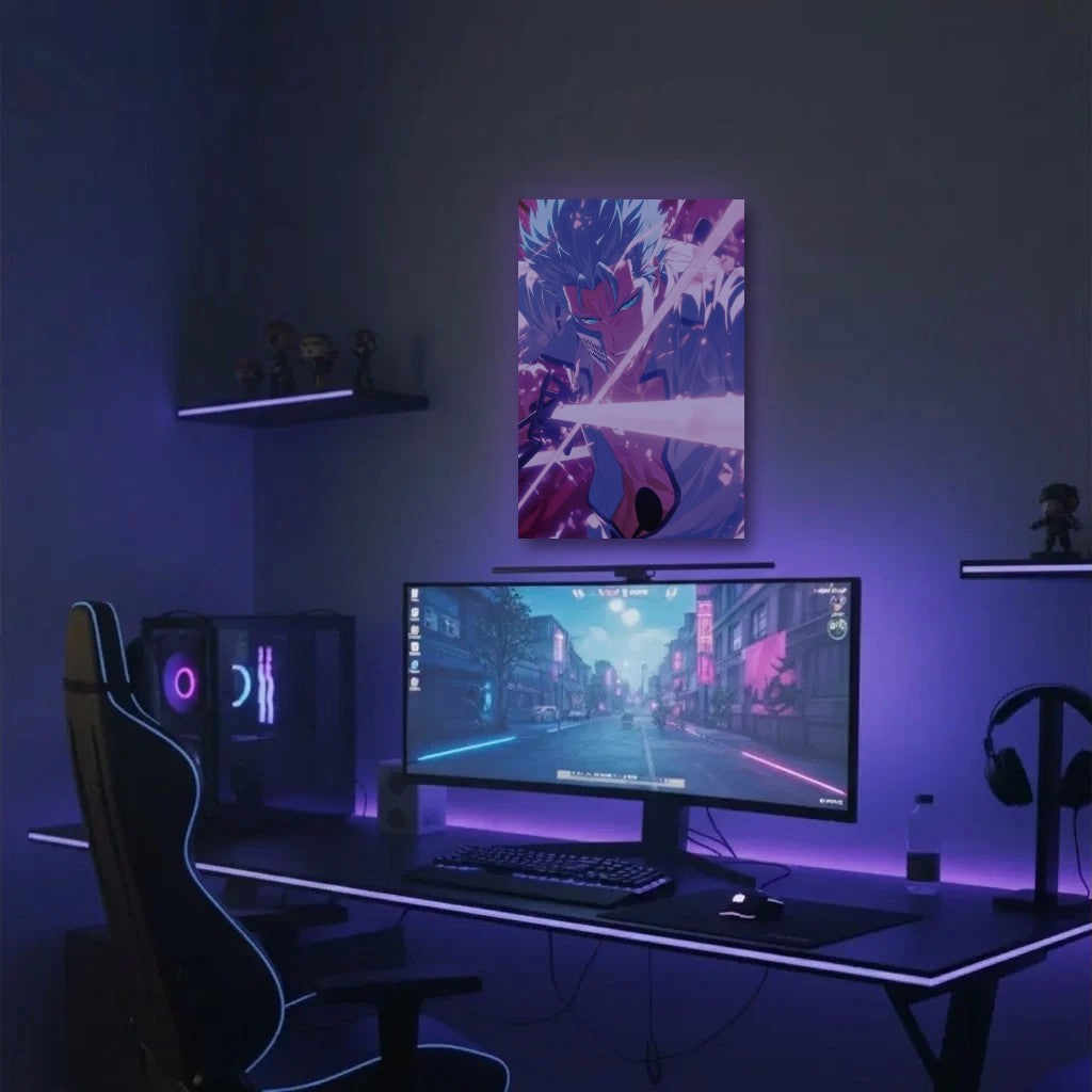 Anime Art acrylic wall art in a purple gaming setup