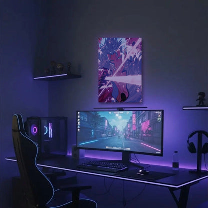 Anime Art acrylic wall art in a purple gaming setup
