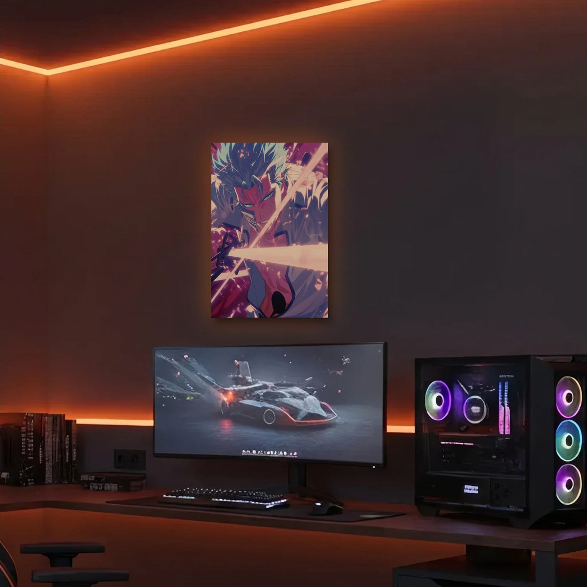 Anime Art acrylic wall art in an orange LED gaming room