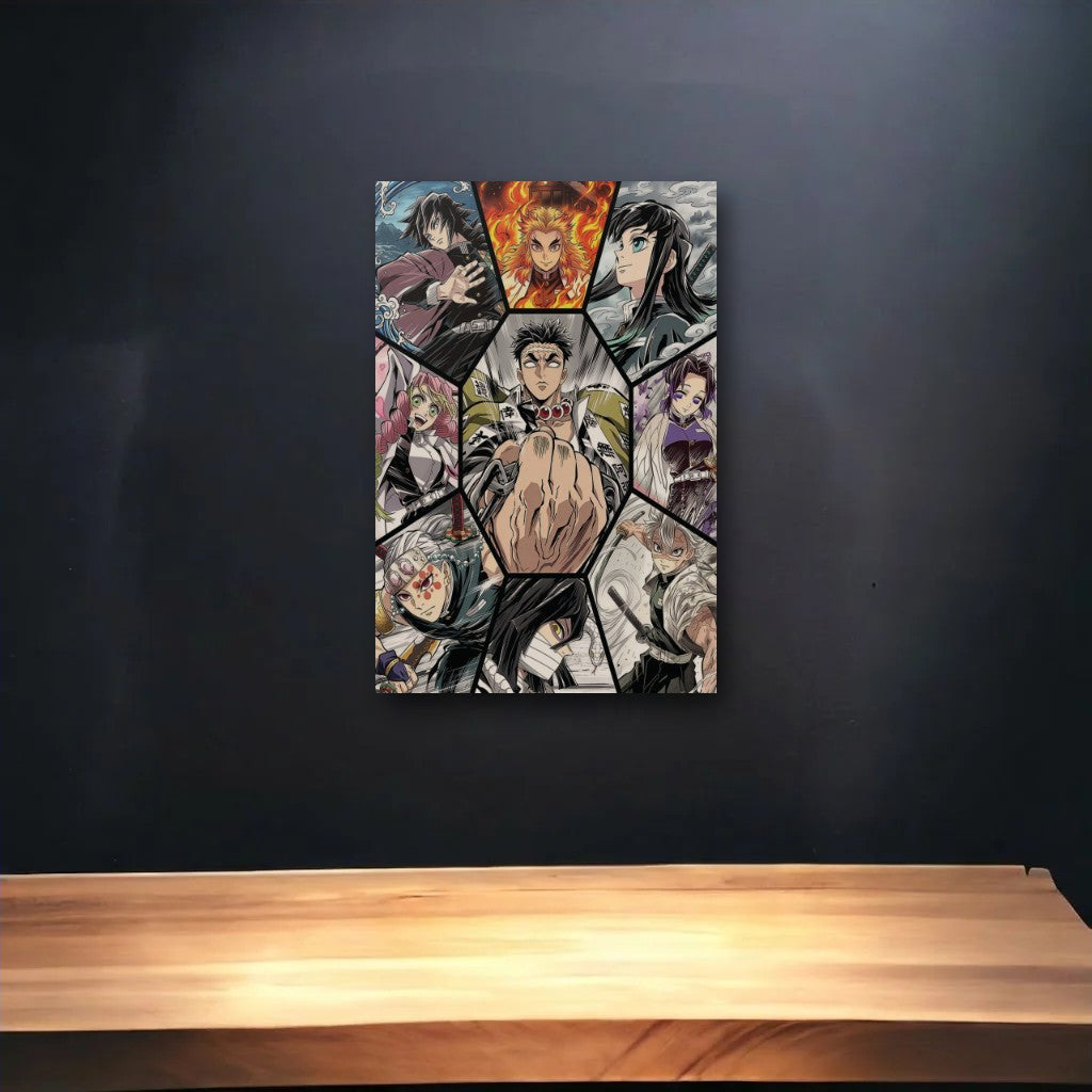 Anime Art glossy acrylic art above a wooden shelf