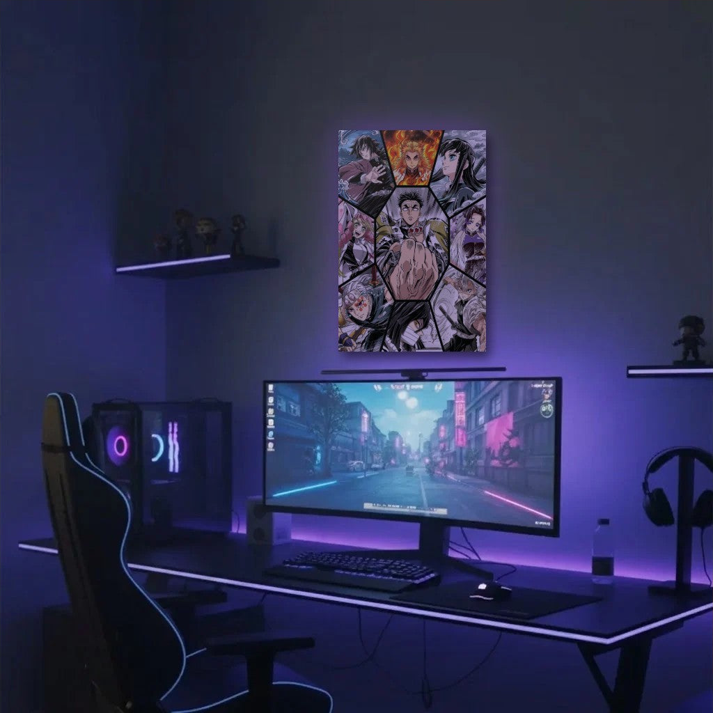 Anime Art acrylic wall art in a purple gaming setup