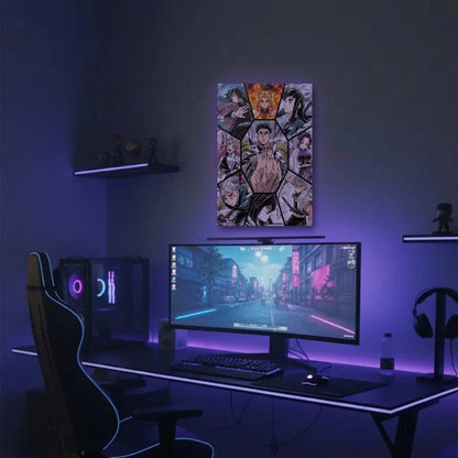Anime Art acrylic wall art in a purple gaming setup