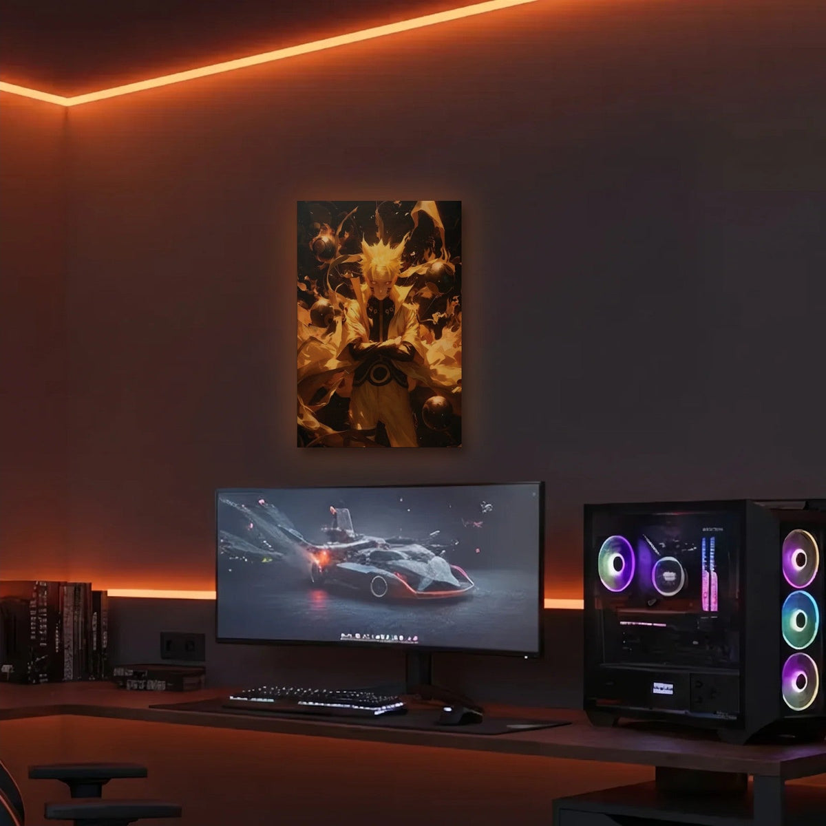Anime Art acrylic wall art in an orange LED gaming room