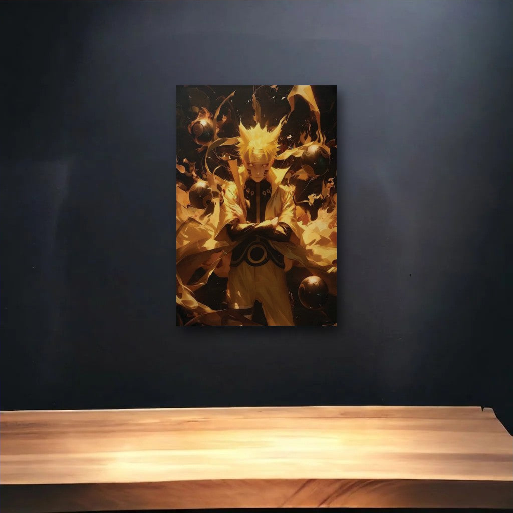 Anime Art glossy acrylic art above a wooden shelf