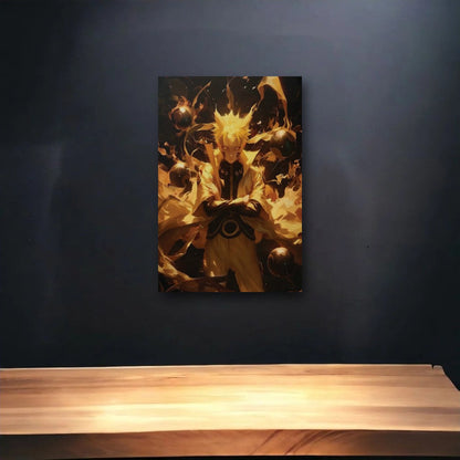 Anime Art glossy acrylic art above a wooden shelf