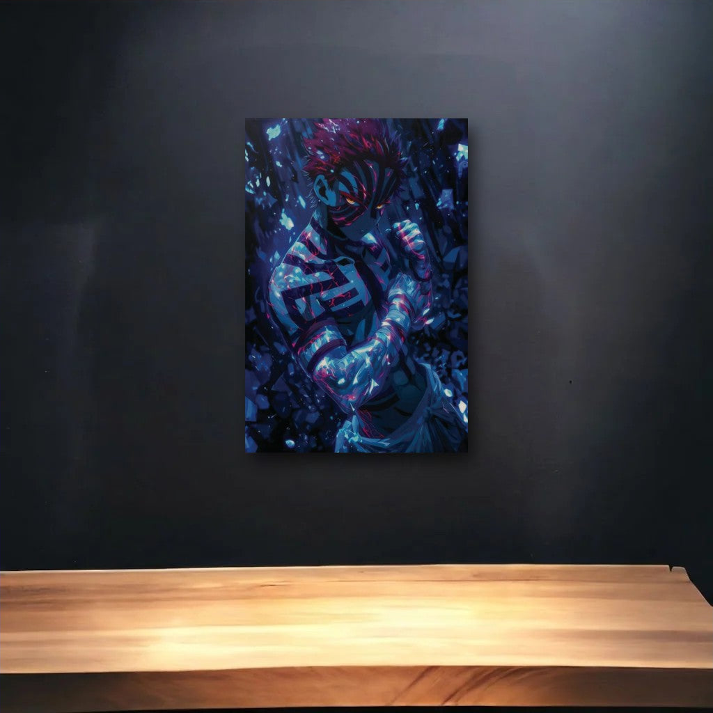 Anime Art glossy acrylic art above a wooden shelf