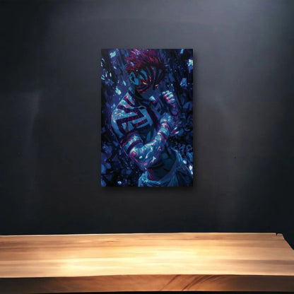 Anime Art glossy acrylic art above a wooden shelf