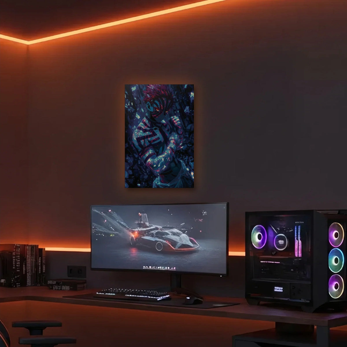 Anime Art acrylic wall art in an orange LED gaming room