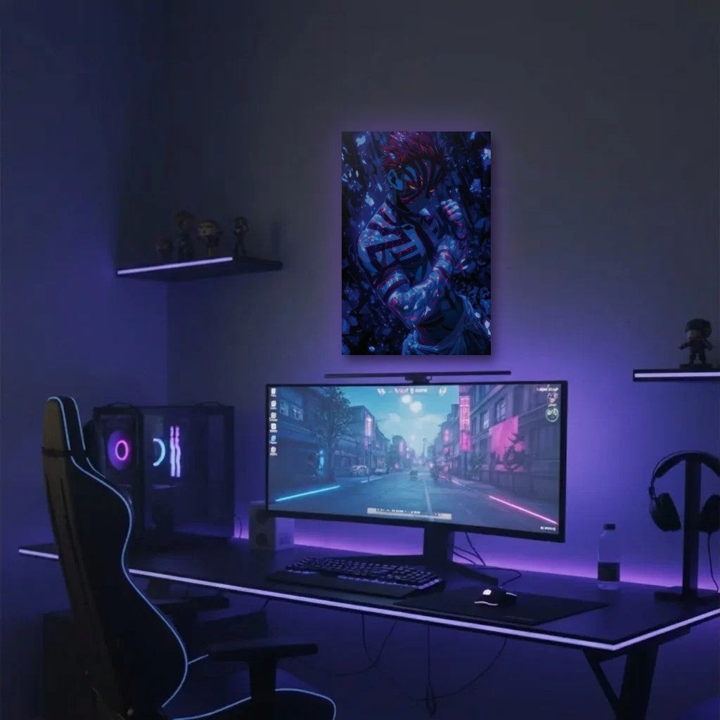 Anime Art acrylic wall art in a purple gaming setup