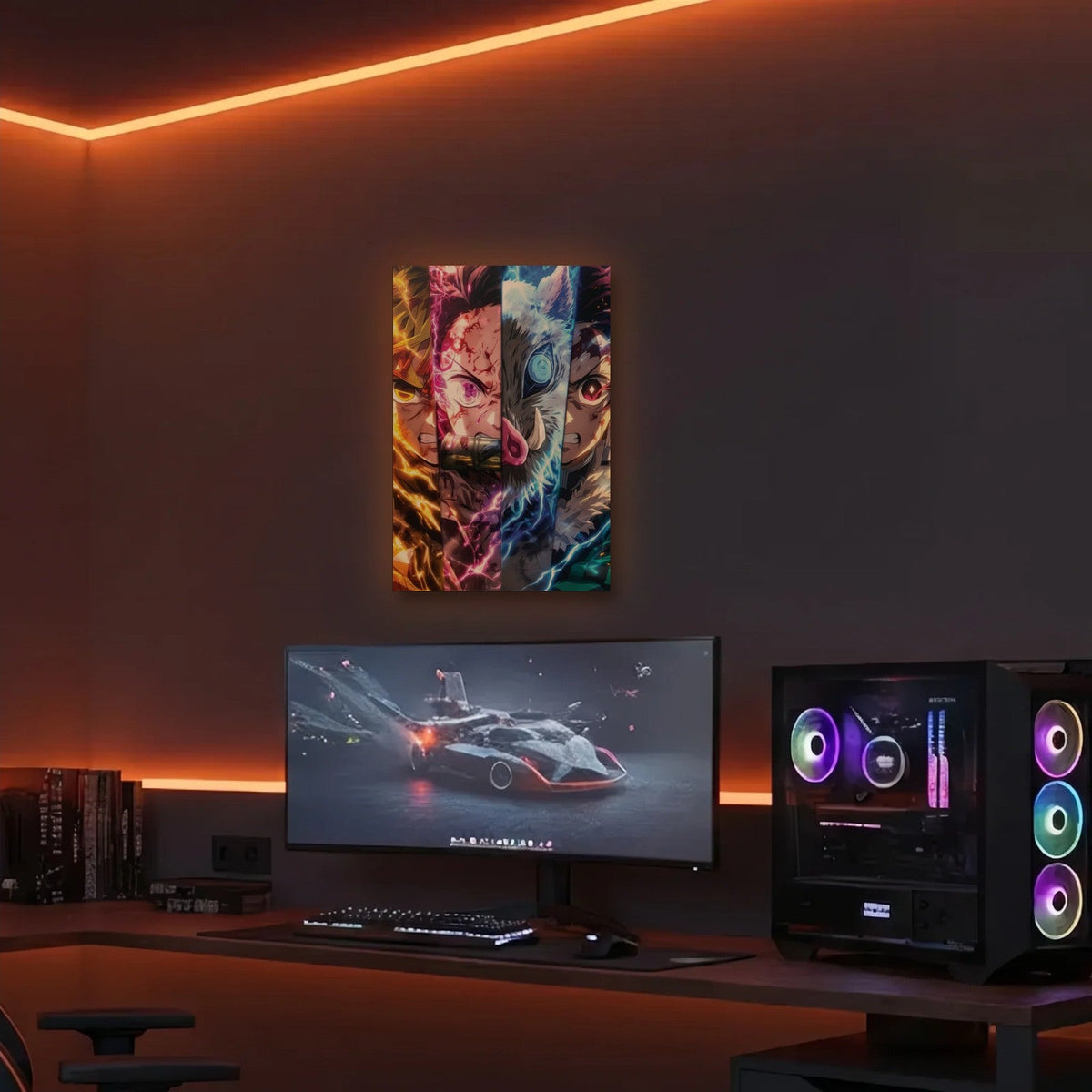 Anime Art acrylic wall art in an orange LED gaming room