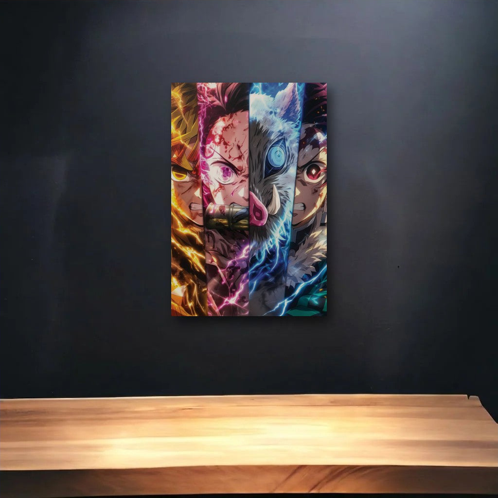 Anime Art glossy acrylic art above a wooden shelf