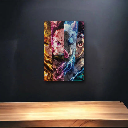 Anime Art glossy acrylic art above a wooden shelf