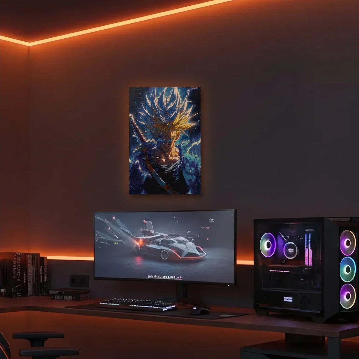 Anime Art acrylic wall art in an orange LED gaming room