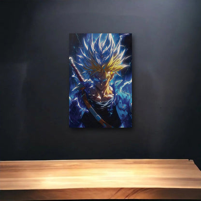 Anime Art glossy acrylic art above a wooden shelf