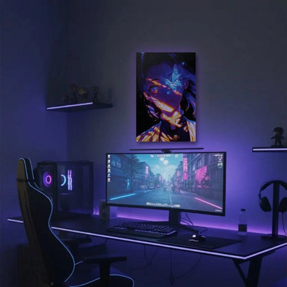 Anime Art acrylic wall art in a purple gaming setup