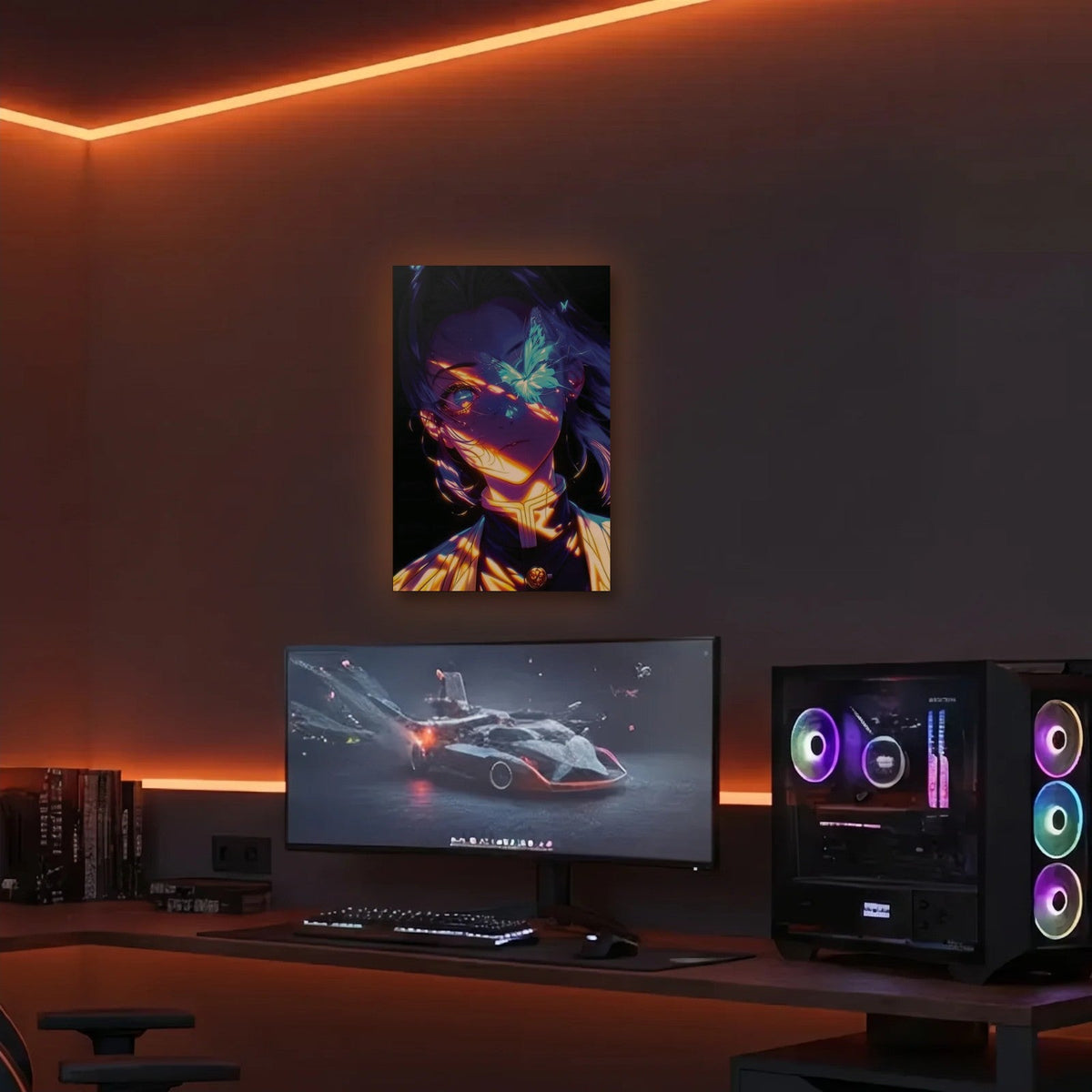 Anime Art acrylic wall art in an orange LED gaming room
