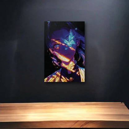 Anime Art glossy acrylic art above a wooden shelf