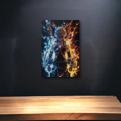 Anime Art glossy acrylic art above a wooden shelf