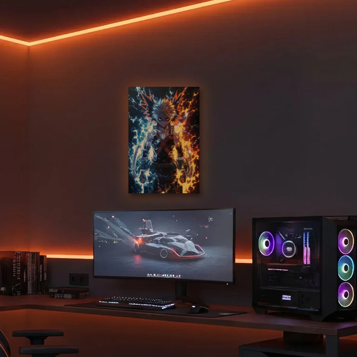 Anime Art acrylic wall art in an orange LED gaming room
