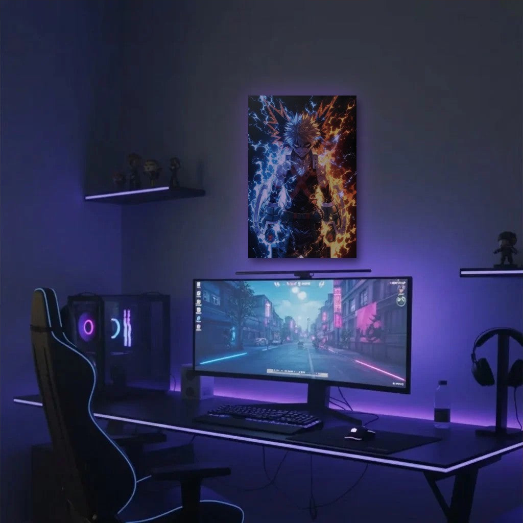 Anime Art acrylic wall art in a purple gaming setup