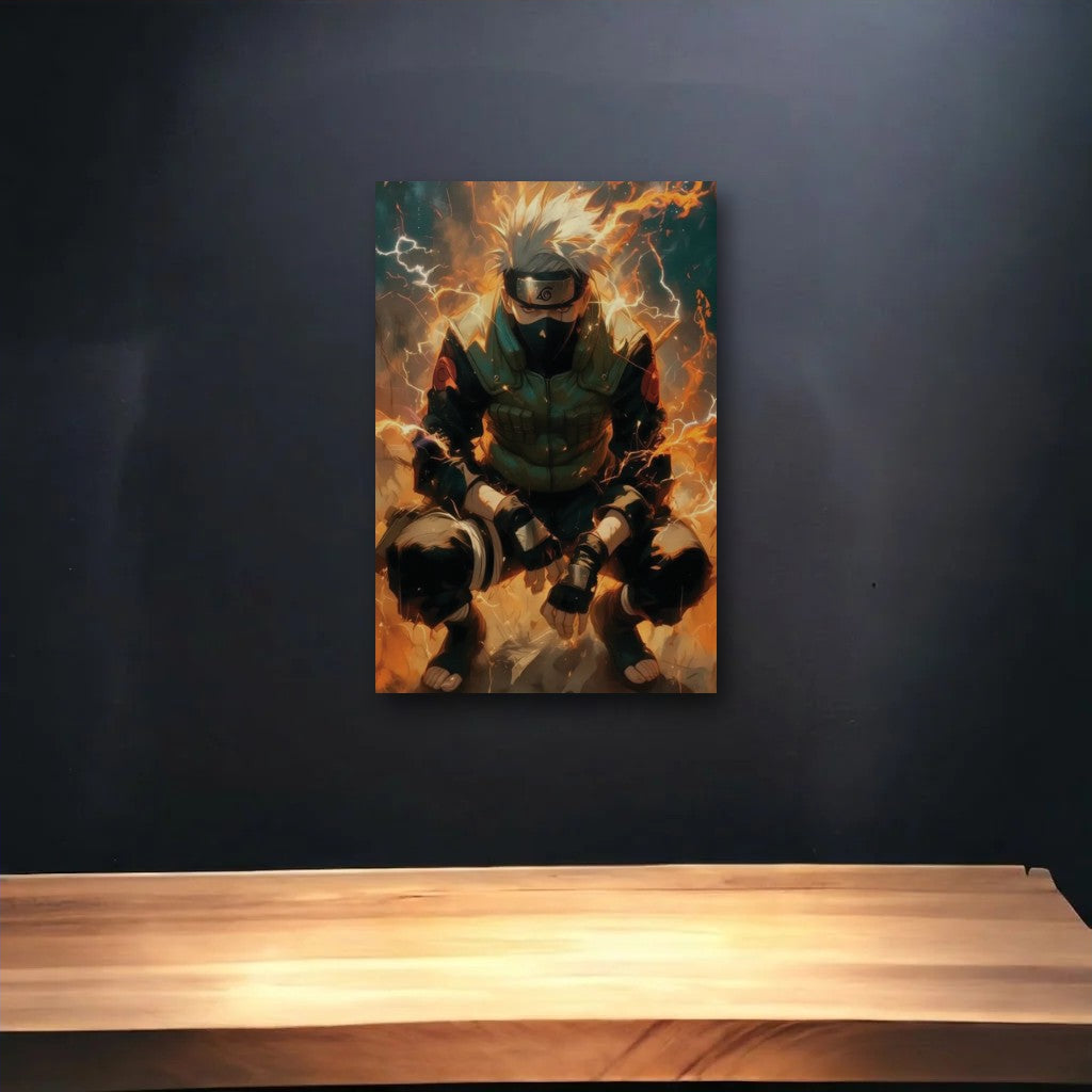 Anime Art glossy acrylic art above a wooden shelf