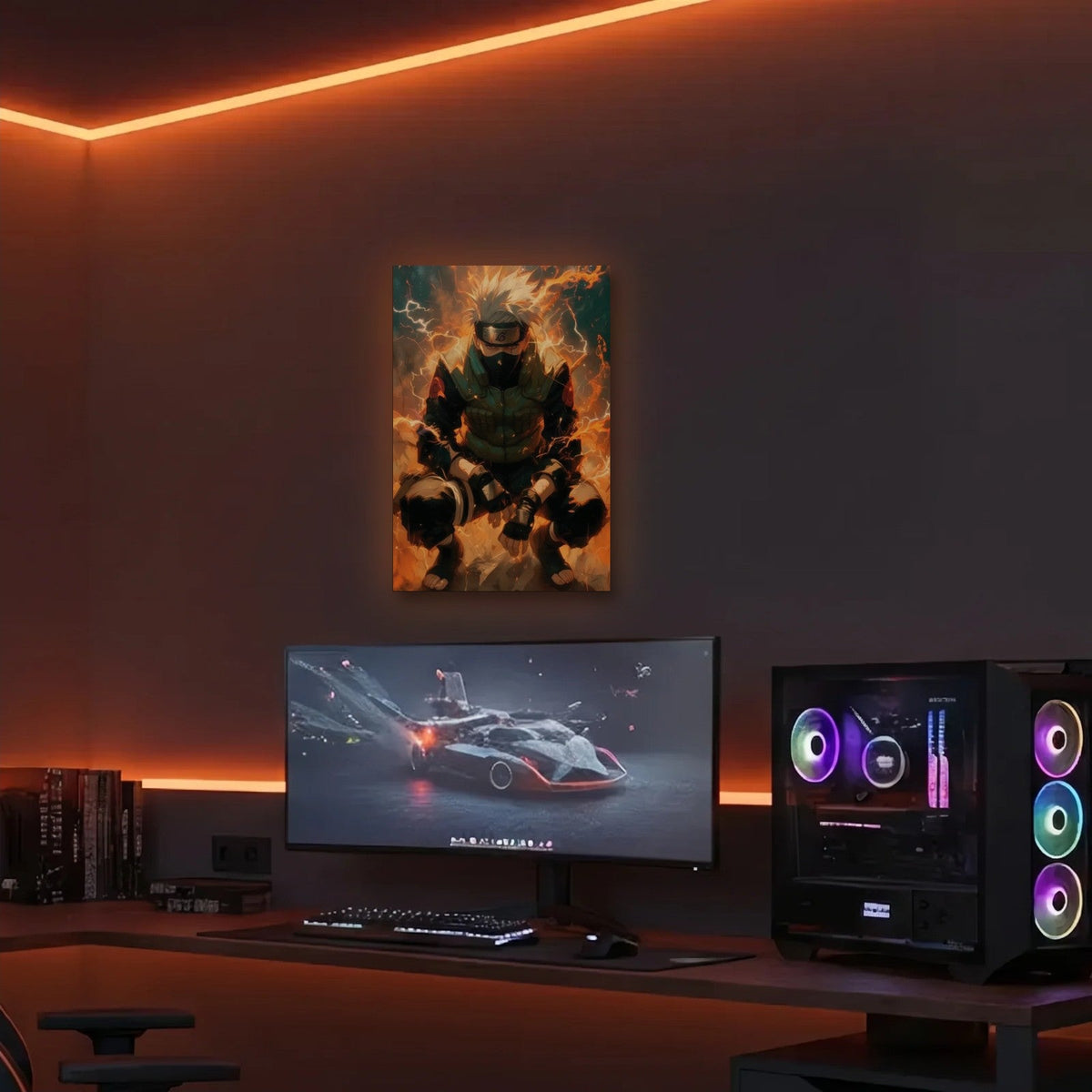 Anime Art acrylic wall art in an orange LED gaming room