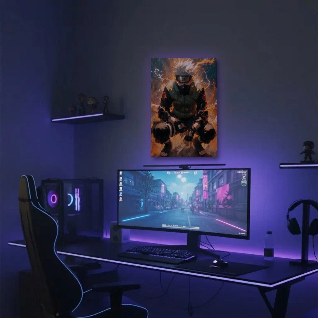 Anime Art acrylic wall art in a purple gaming setup