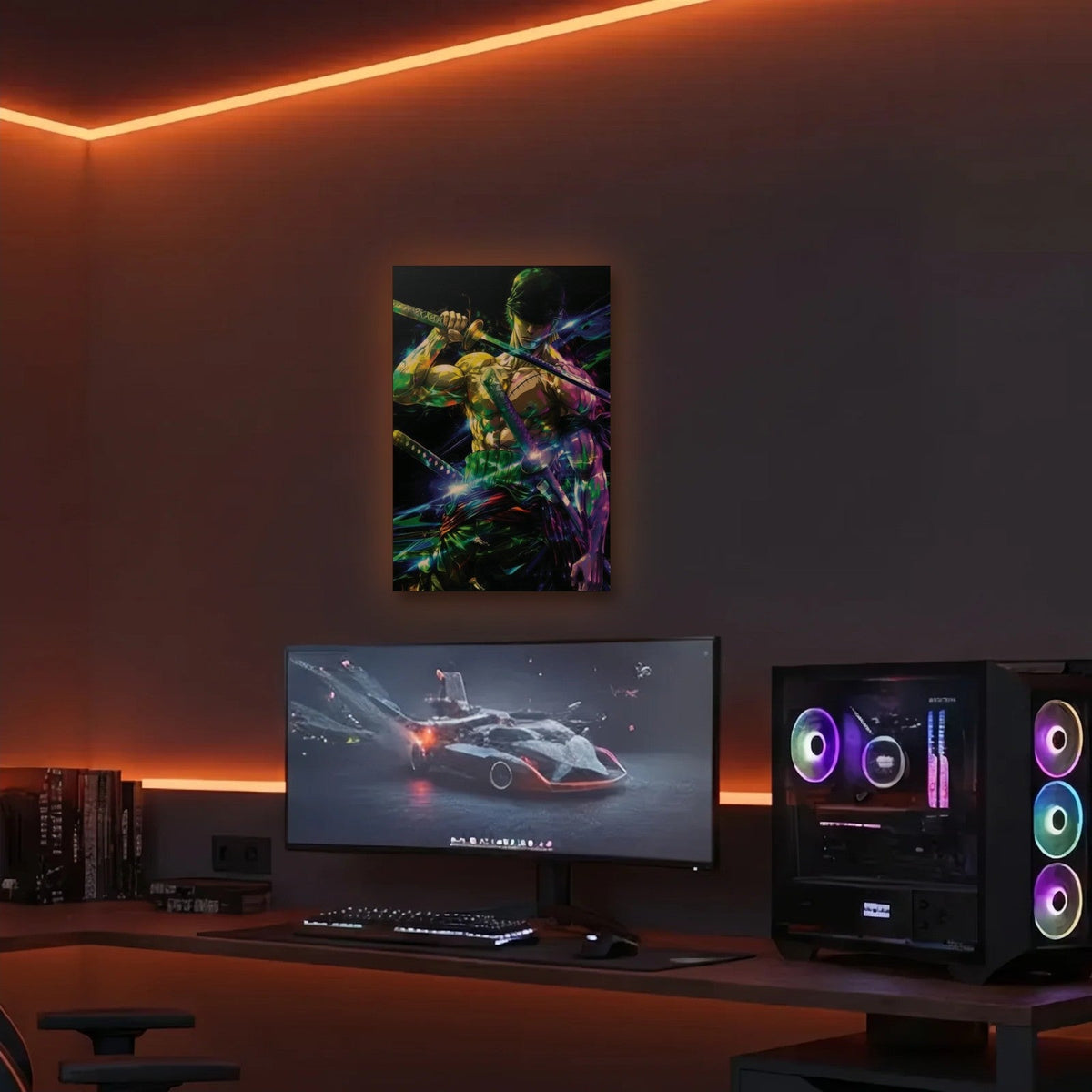 Anime Art acrylic wall art in an orange LED gaming room