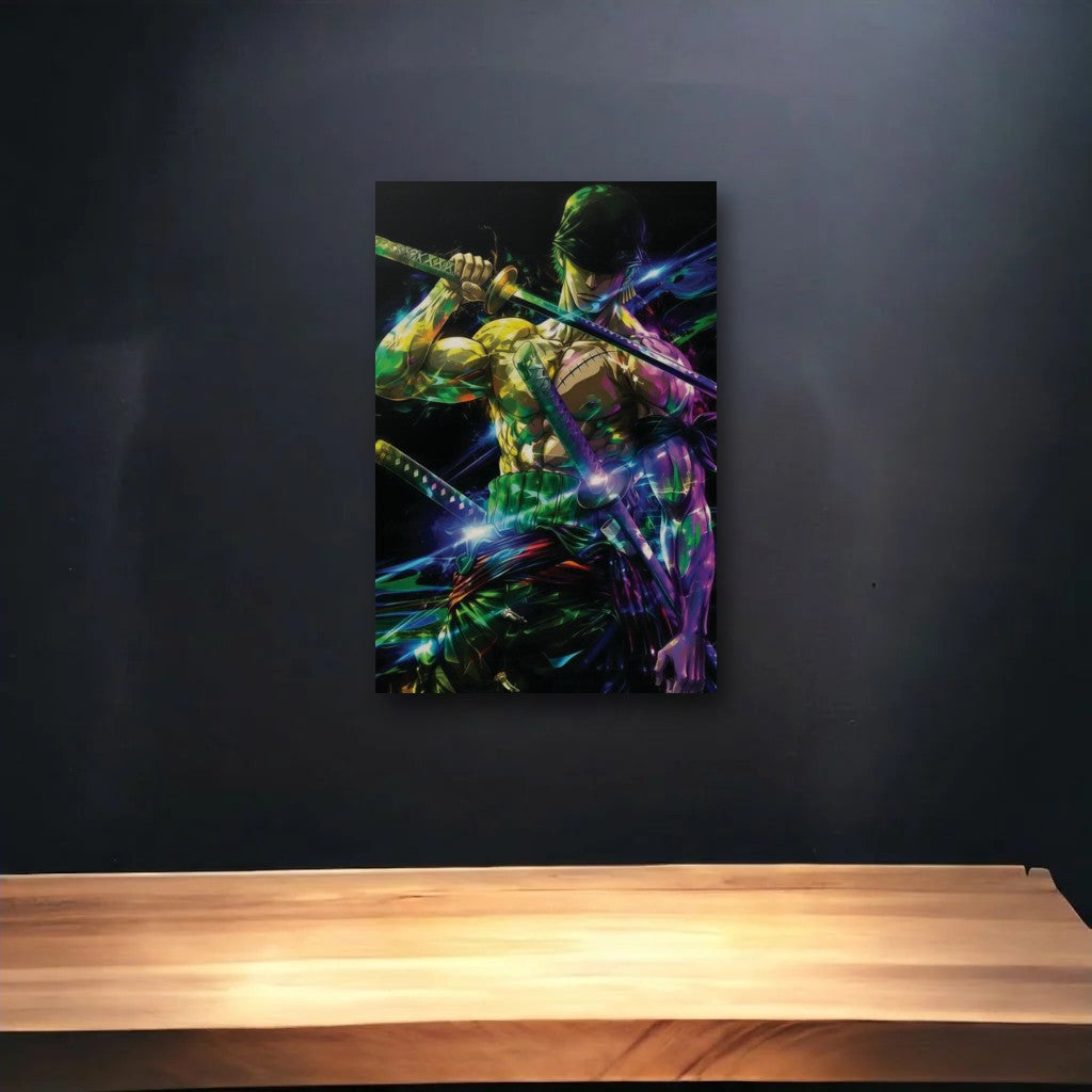 Anime Art glossy acrylic art above a wooden shelf