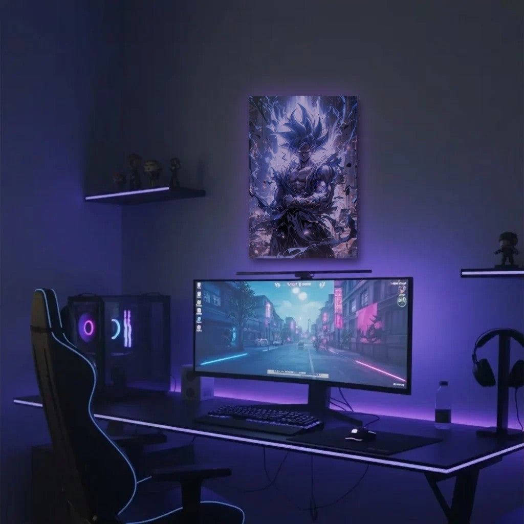 Anime Art acrylic wall art in a purple gaming setup