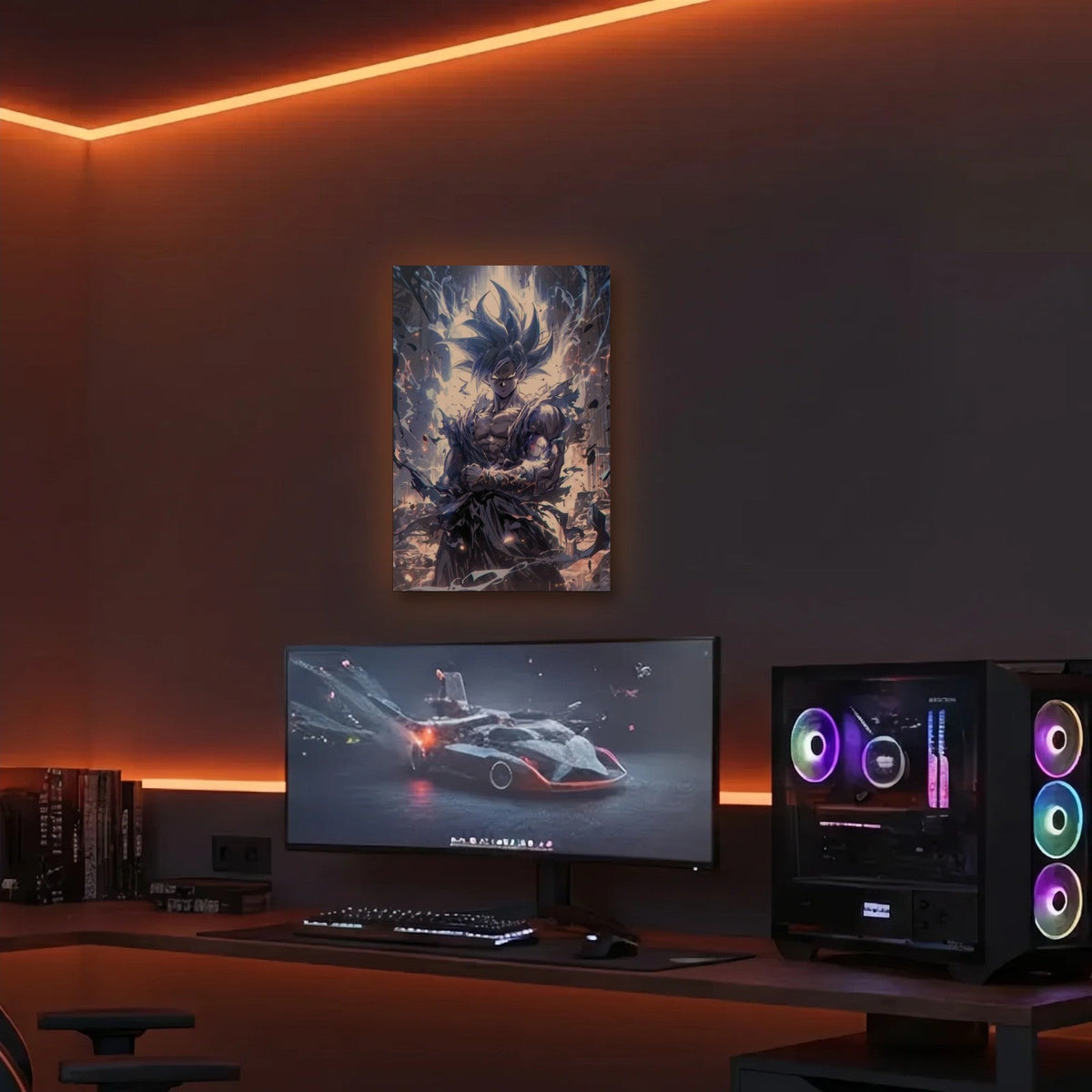 Anime Art acrylic wall art in an orange LED gaming room