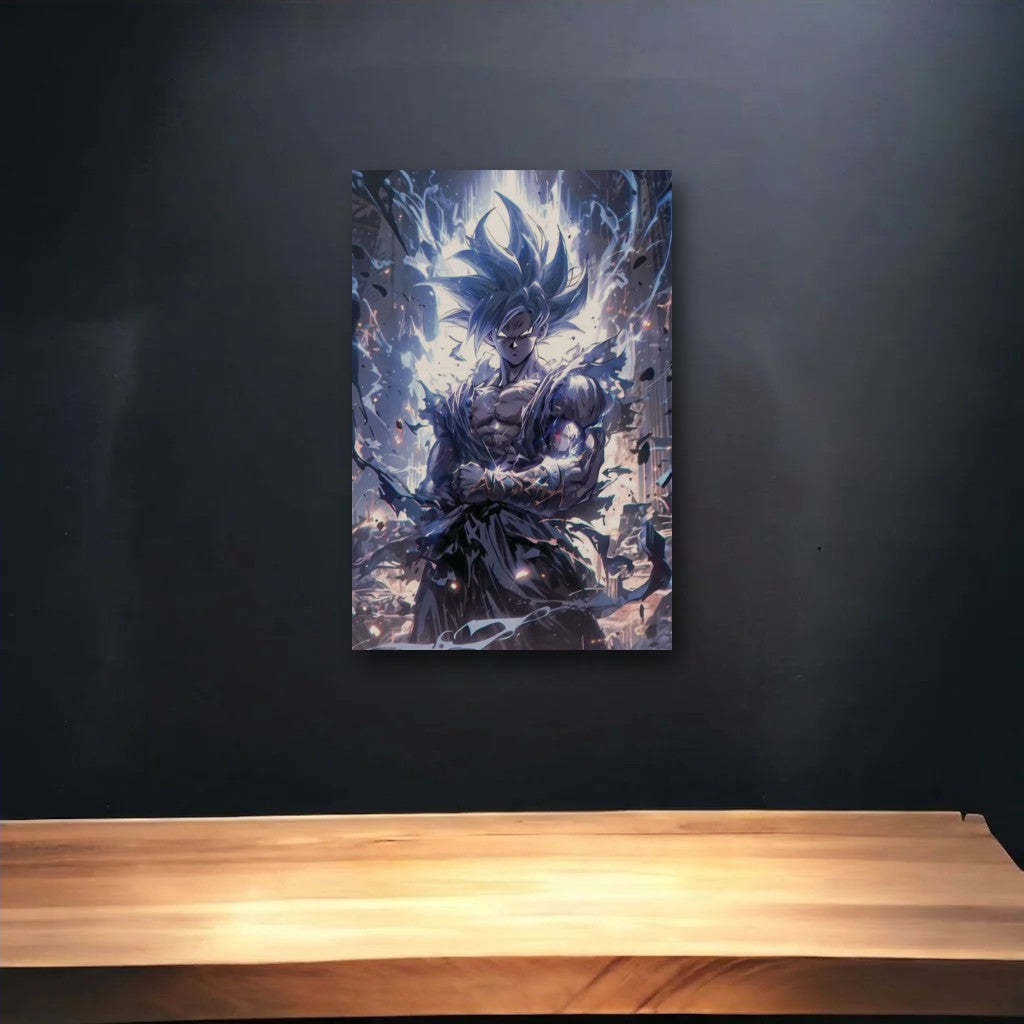 Anime Art glossy acrylic art above a wooden shelf