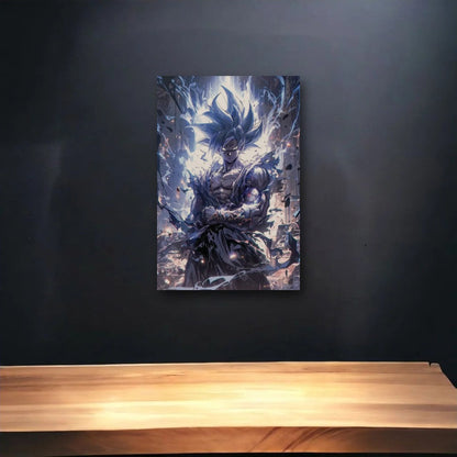 Anime Art glossy acrylic art above a wooden shelf