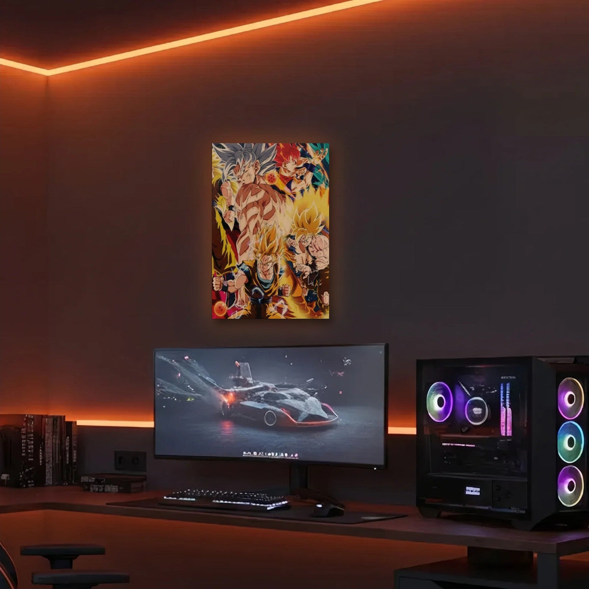 Anime Art acrylic wall art in an orange LED gaming room