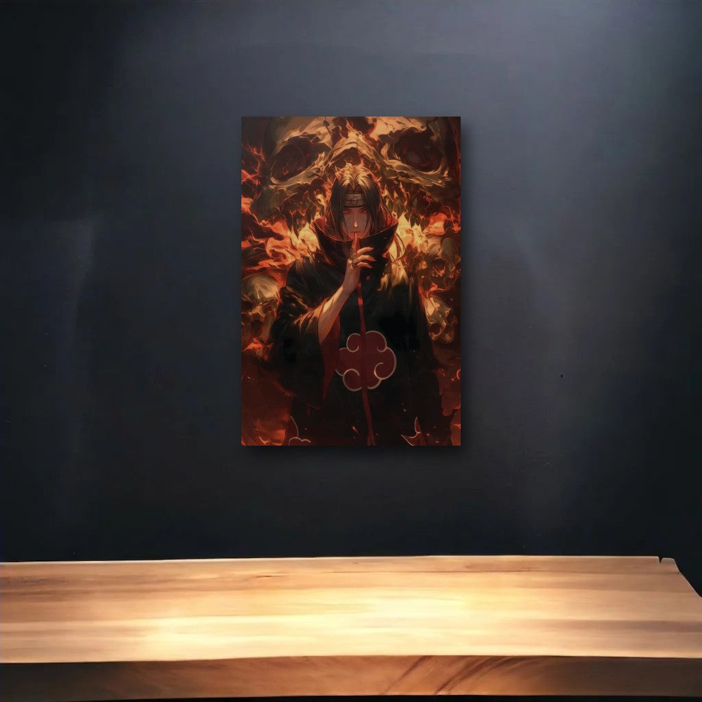 Anime Art glossy acrylic art above a wooden shelf