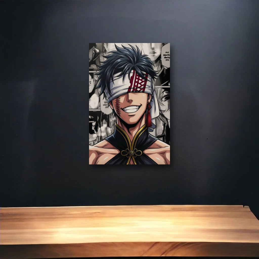 Anime Art glossy acrylic art above a wooden shelf