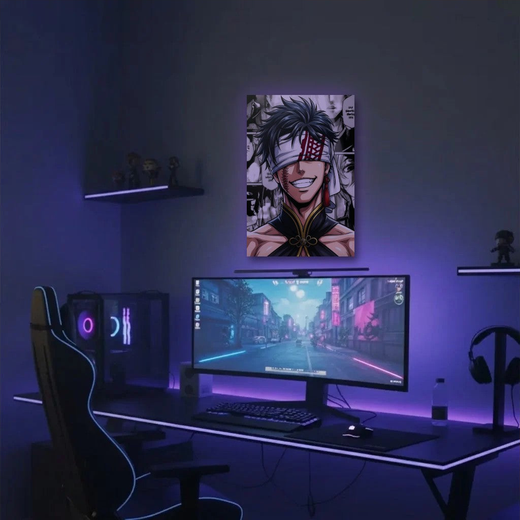 Anime Art acrylic wall art in a purple gaming setup