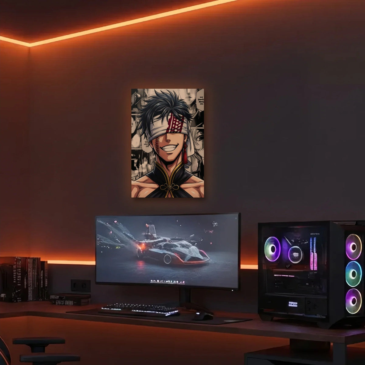 Anime Art acrylic wall art in an orange LED gaming room