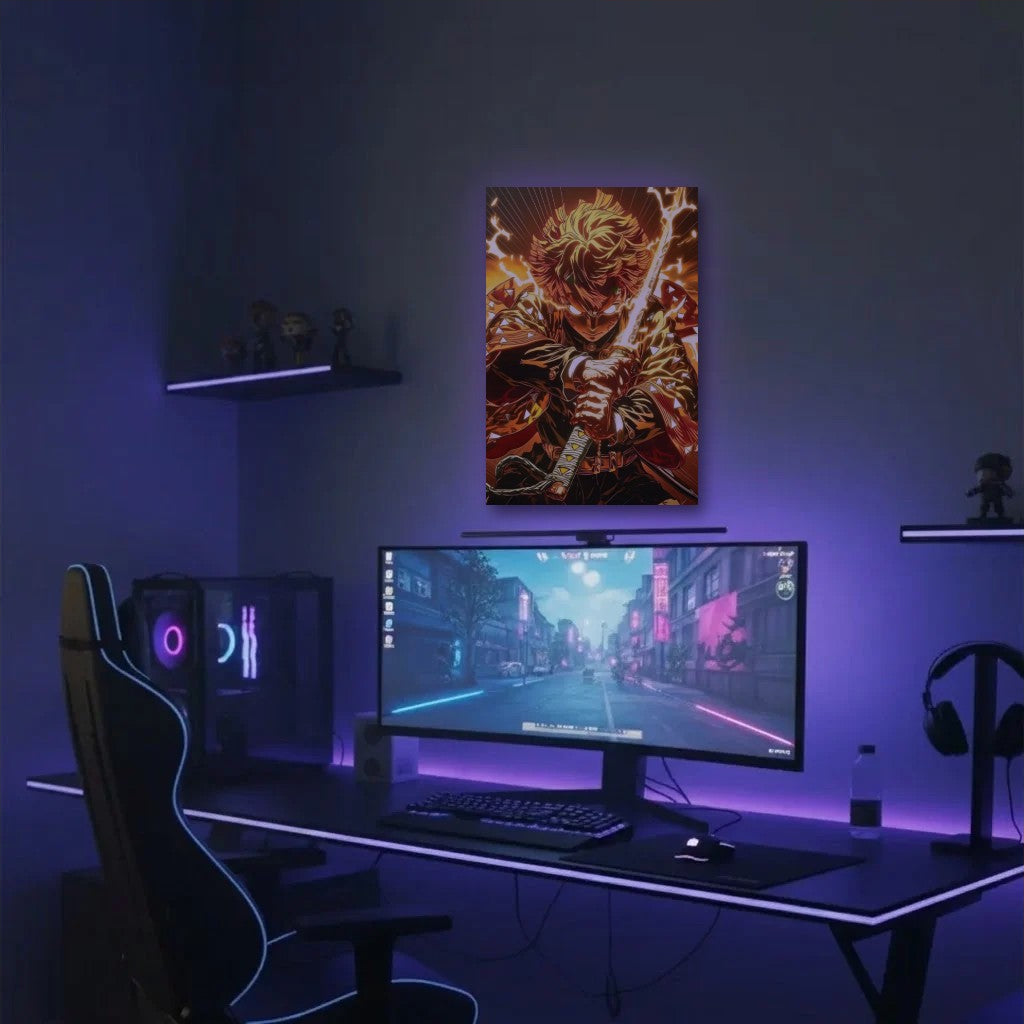 Anime Art acrylic wall art in a purple gaming setup