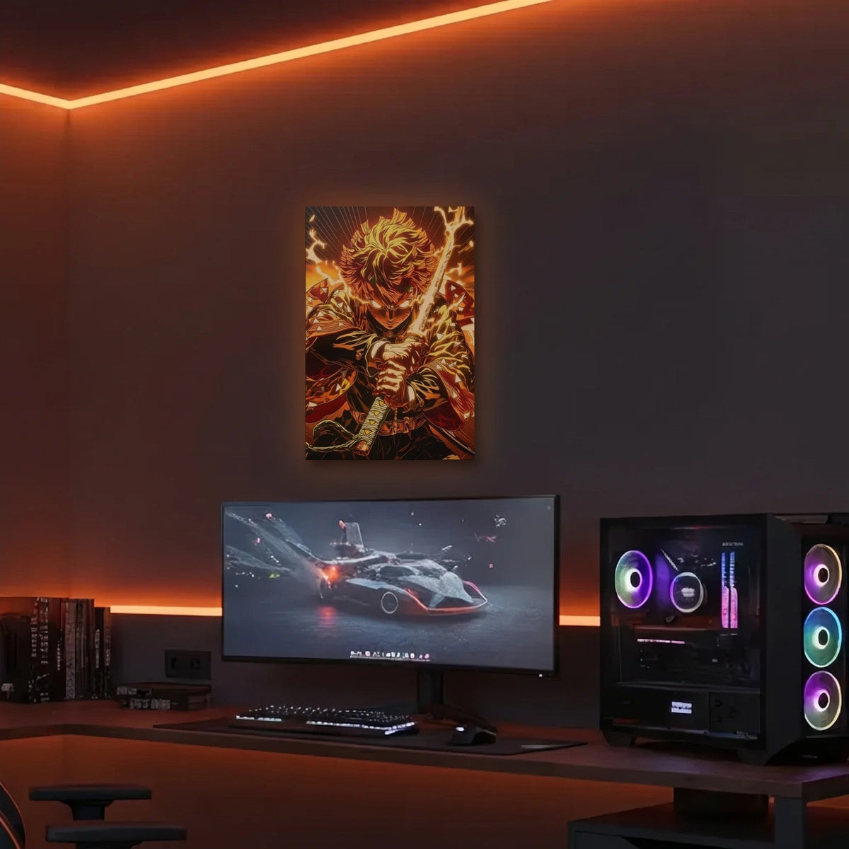 Anime Art acrylic wall art in an orange LED gaming room