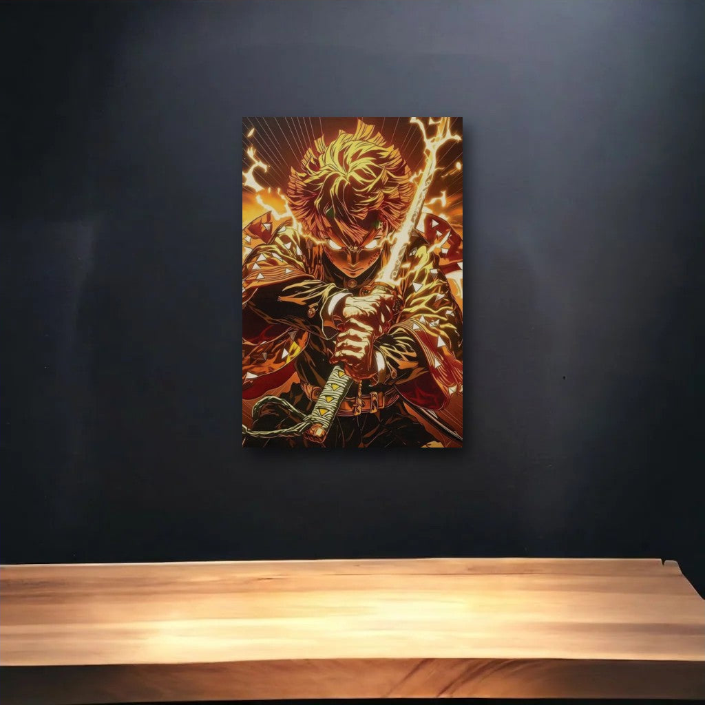 Anime Art glossy acrylic art above a wooden shelf