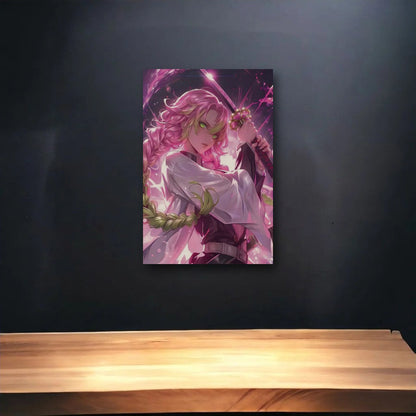 Anime Art glossy acrylic art above a wooden shelf