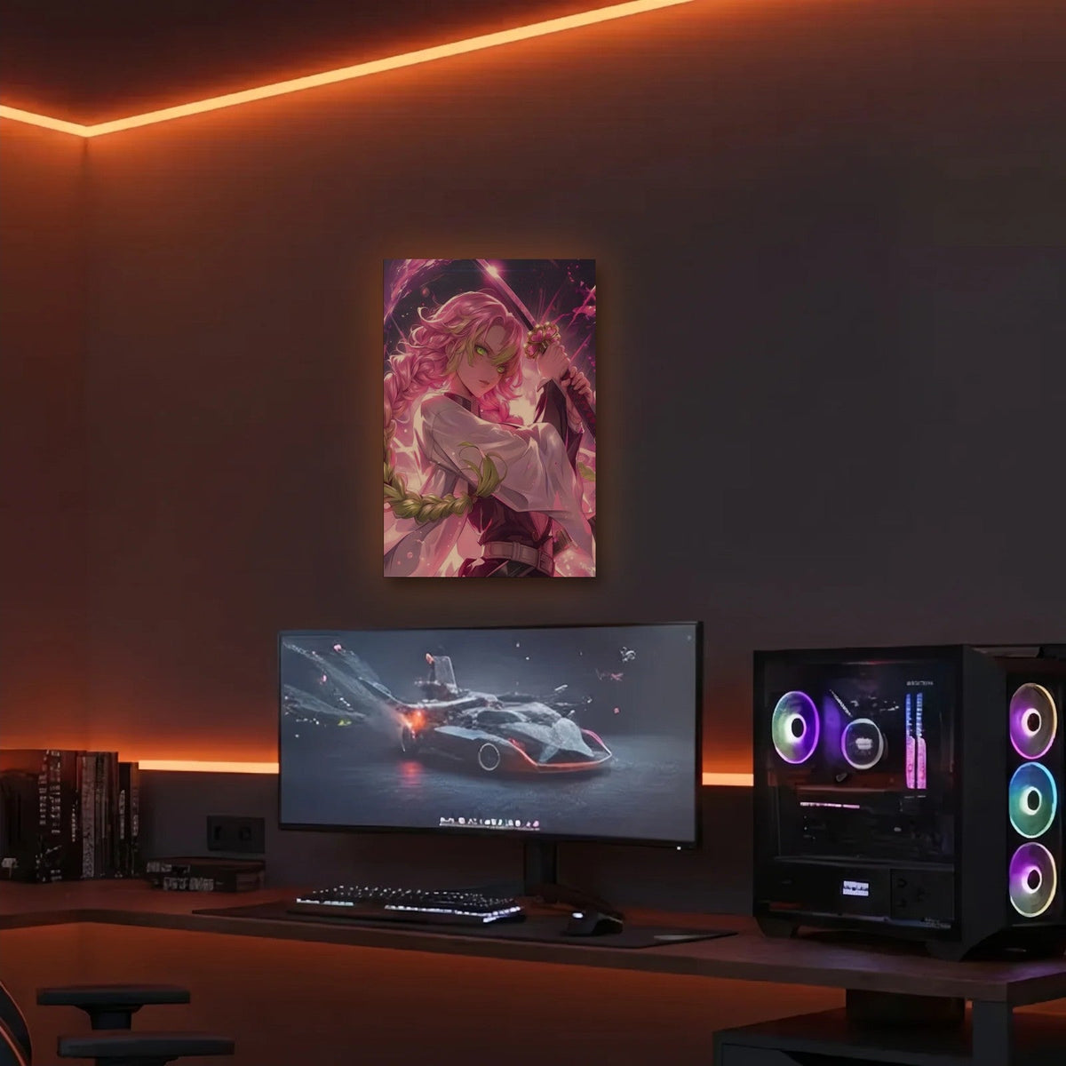 Anime Art acrylic wall art in an orange LED gaming room
