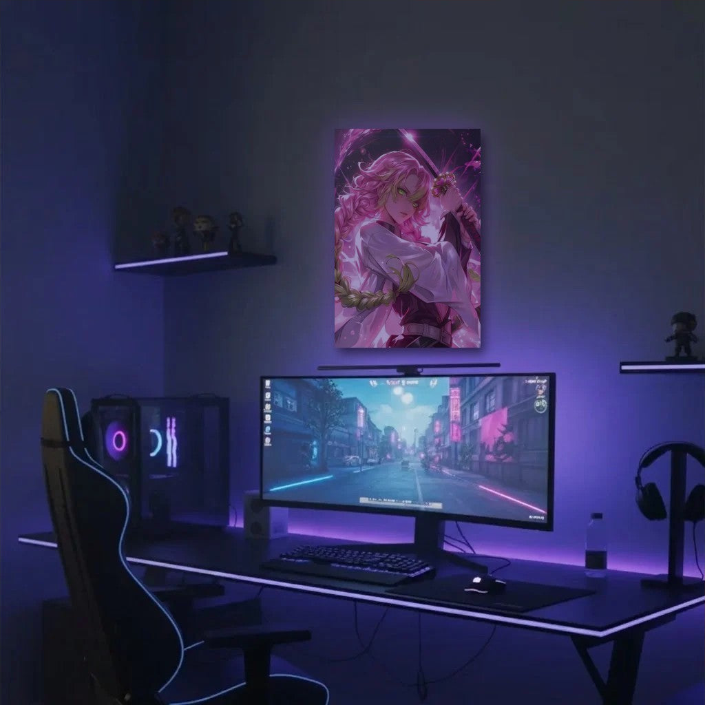 Anime Art acrylic wall art in a purple gaming setup